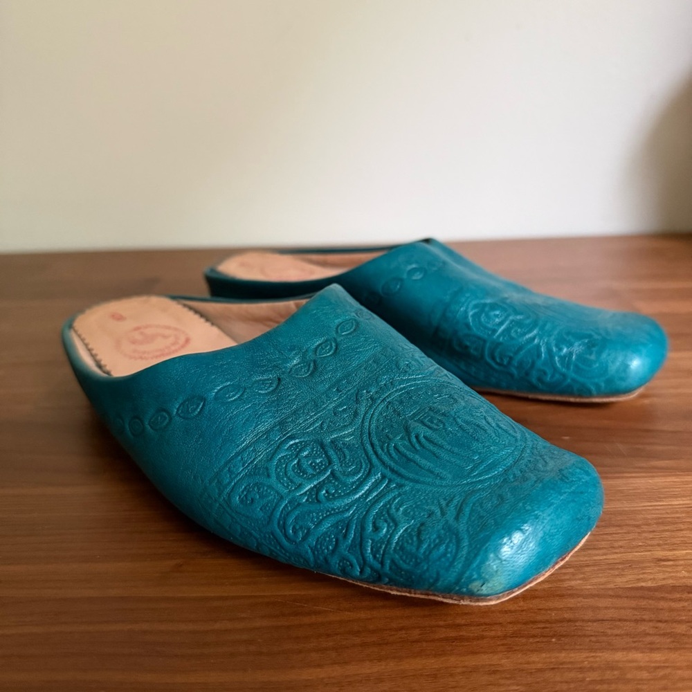 Teal Embossed Leather Mules